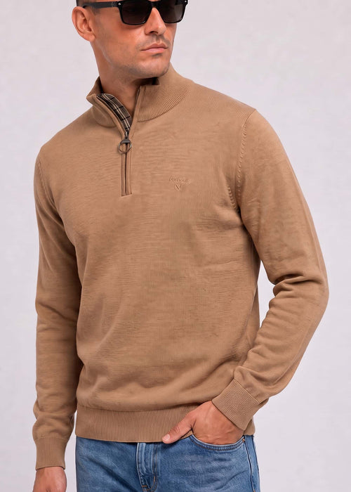 Barbour cotton half zip knitted jumper - sandstone